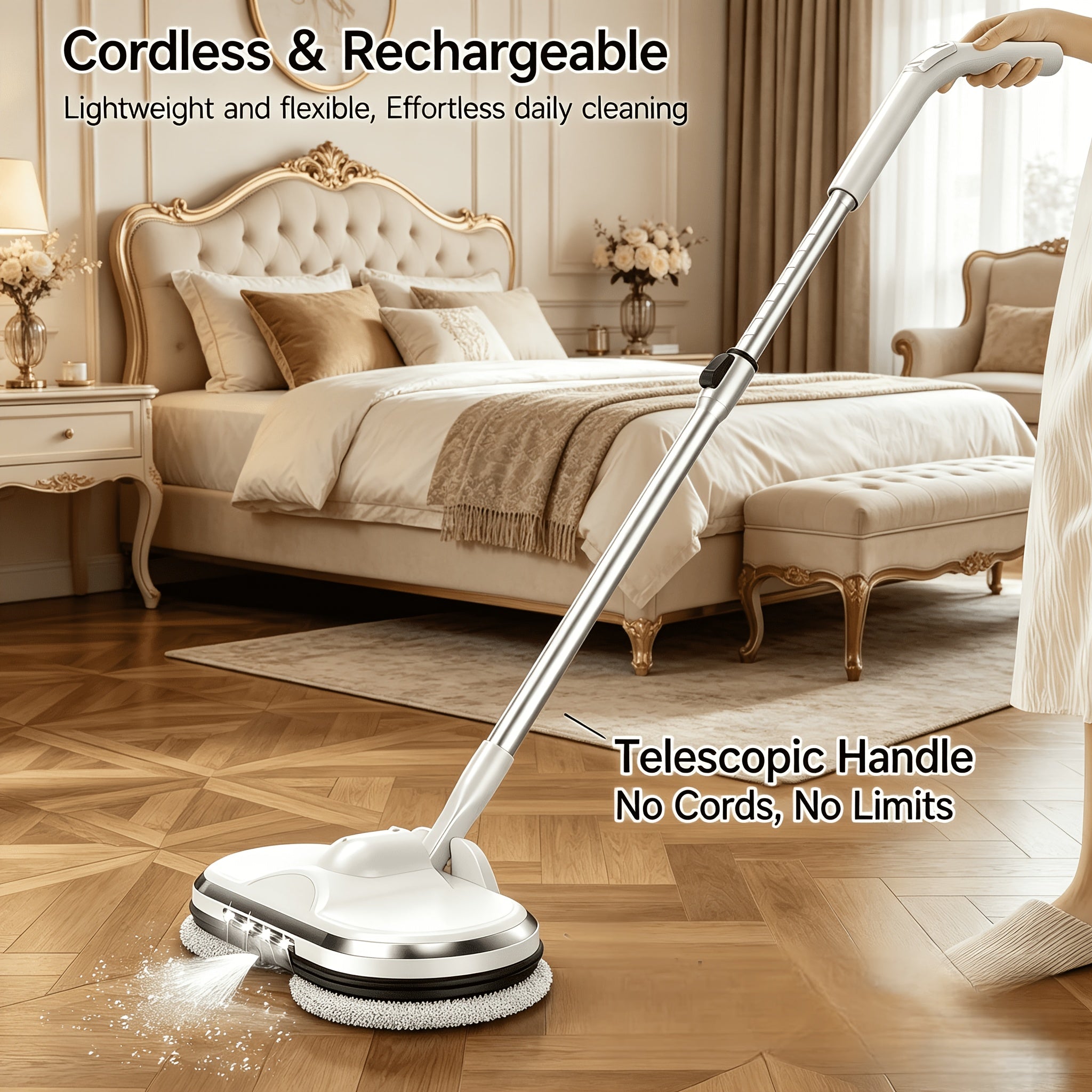 Cordless Electric Mop, Electric Spin Mop, Rotating Electric Mop With LED Front Light, 37.4in-48.4in Telescopic, 6.2oz Water Tank, 60-minute Battery Life, Powerful Rotating Mop, Automatic Spray Function, Home Cleaning Assistant, For Hardwood Floors