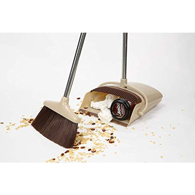 Sturdy Broom And Dustpan Combination Featuring a 48-Inch Handle And an Upright Broom Design - 10-Inch Sweeping Width, Three-Layer Bristles, And a Locking Dustpan - Suitable for Both Commercial And Residential Use (Made of Plastic And ) in Beige Colo