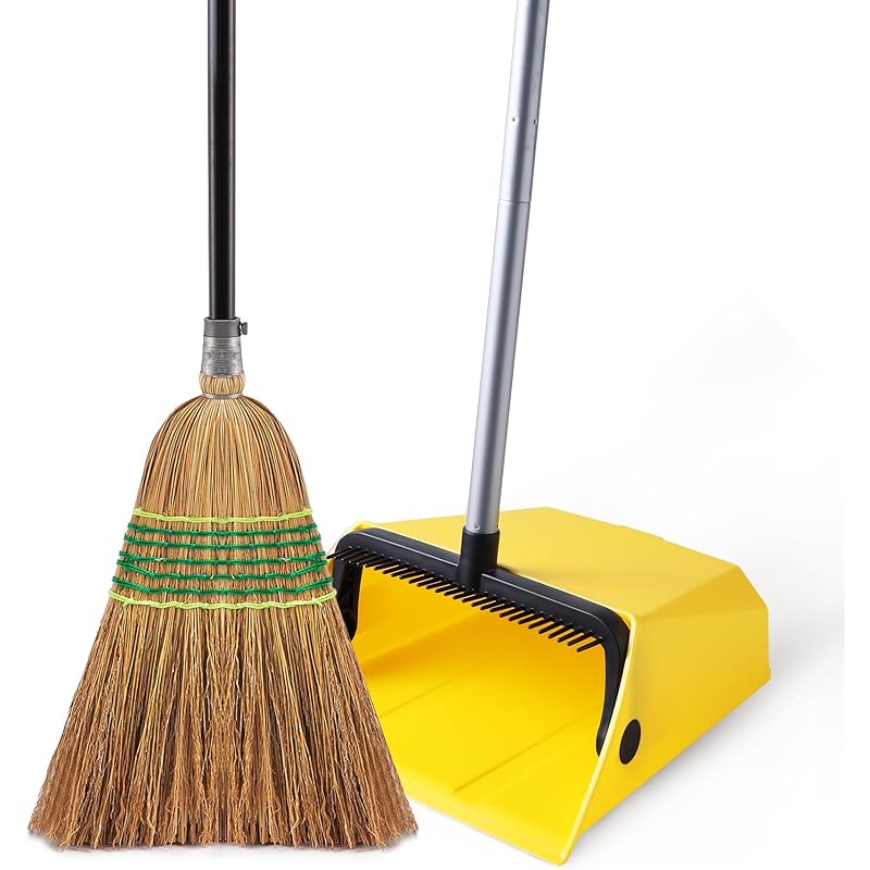 Heavy-Duty Commercial Corn Broom & Dustpan Suitable for Indoor\u002FOutdoor Use with Comb Attachment - Hard Floor Sweeper for Stone Dust, Debris, Leaves - Ideal for Home, Office, Garage, Mall Floors - Broom and Pan Combo