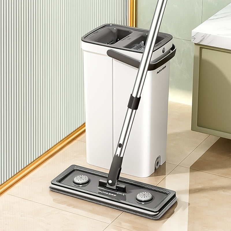 Upgraded Home Cleaning Mop and Bucket Set, Floor Mop with Twister, Long Handle Wall Mop Cleaner, Dual-Use Wet and Dry, Space-Saving, Includes 2 Reusable Fiber Cloths, Ultra-Narrow Flat Mop and Bucket System, Cleaning Supplies, Cleaning Tools