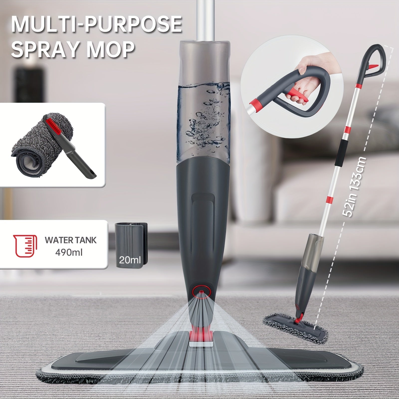 Spray Mop for Floor Cleaning with 3 Washable Pads - Multipurpose Wet Dry Microfiber Mop with 16.91oz Refillable Bottle for Kitchen, Wood, Hardwood, Laminate, Tile, Dust - Metal, for Living Room, Bedroom, Glass, Wall