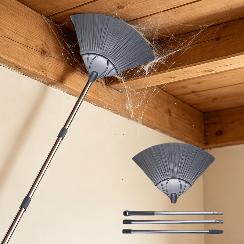 A Household Cleaning Broom with an Extendable Rod, Designed for Removing Cobwebs, Featuring a Fan-Shaped Duster That Is Suitable for Cleaning Cobwebs on Ceilings, Walls, And Hard-To- Areas. It Is Ideal for Various Settings Such As Bedrooms