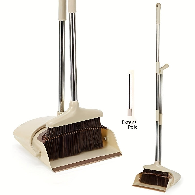Sturdy Broom And Dustpan Combination Featuring a 48-Inch Handle And an Upright Broom Design - 10-Inch Sweeping Width, Three-Layer Bristles, And a Locking Dustpan - Suitable for Both Commercial And Residential Use (Made of Plastic And ) in Beige Colo