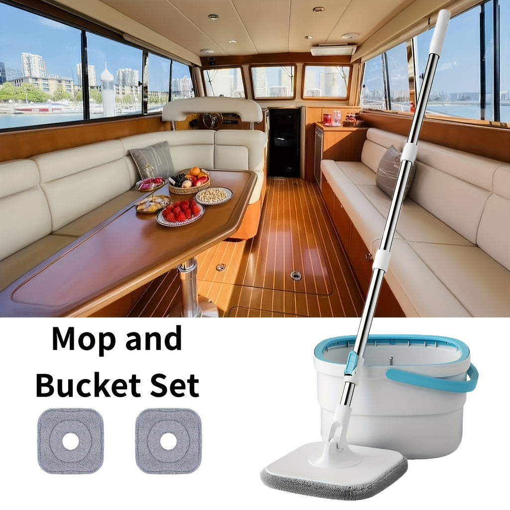 1 set S820 Spin Mop and Bucket Set with 2 Reusable Mop Pads for Home and Office Hand-Free Mop System in Plastic for Boat, Living Room, Bedroom, Kitchen, Bathroom and Floor Cleaning - No Electricity Needed