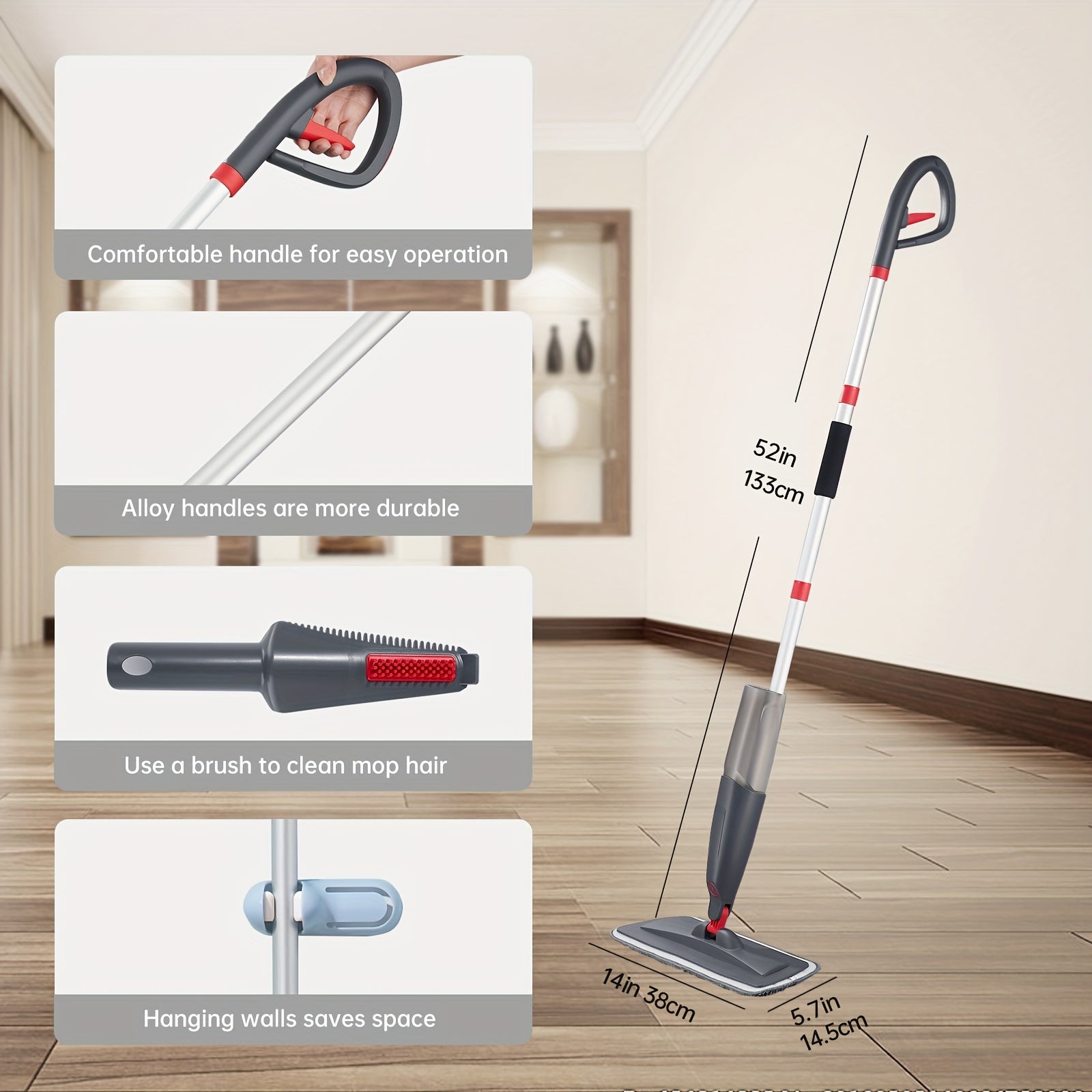 Spray Mop for Floor Cleaning with 3 Washable Pads - Multipurpose Wet Dry Microfiber Mop with 16.91oz Refillable Bottle for Kitchen, Wood, Hardwood, Laminate, Tile, Dust - Metal, for Living Room, Bedroom, Glass, Wall