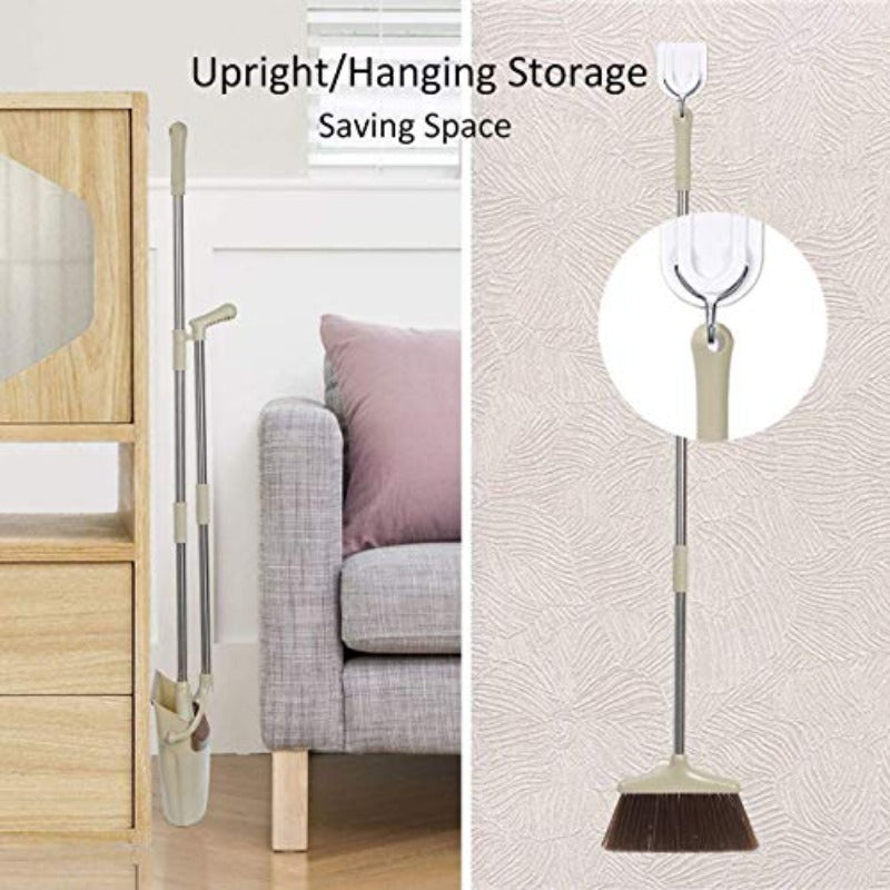 Sturdy Broom And Dustpan Combination Featuring a 48-Inch Handle And an Upright Broom Design - 10-Inch Sweeping Width, Three-Layer Bristles, And a Locking Dustpan - Suitable for Both Commercial And Residential Use (Made of Plastic And ) in Beige Colo