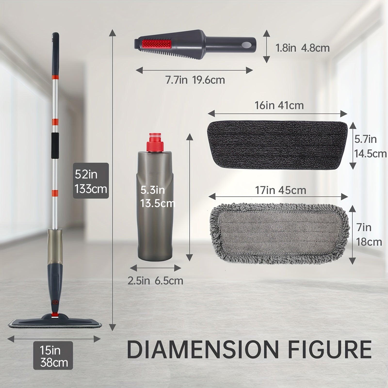 Spray Mop for Floor Cleaning with 3 Washable Pads - Multipurpose Wet Dry Microfiber Mop with 16.91oz Refillable Bottle for Kitchen, Wood, Hardwood, Laminate, Tile, Dust - Metal, for Living Room, Bedroom, Glass, Wall