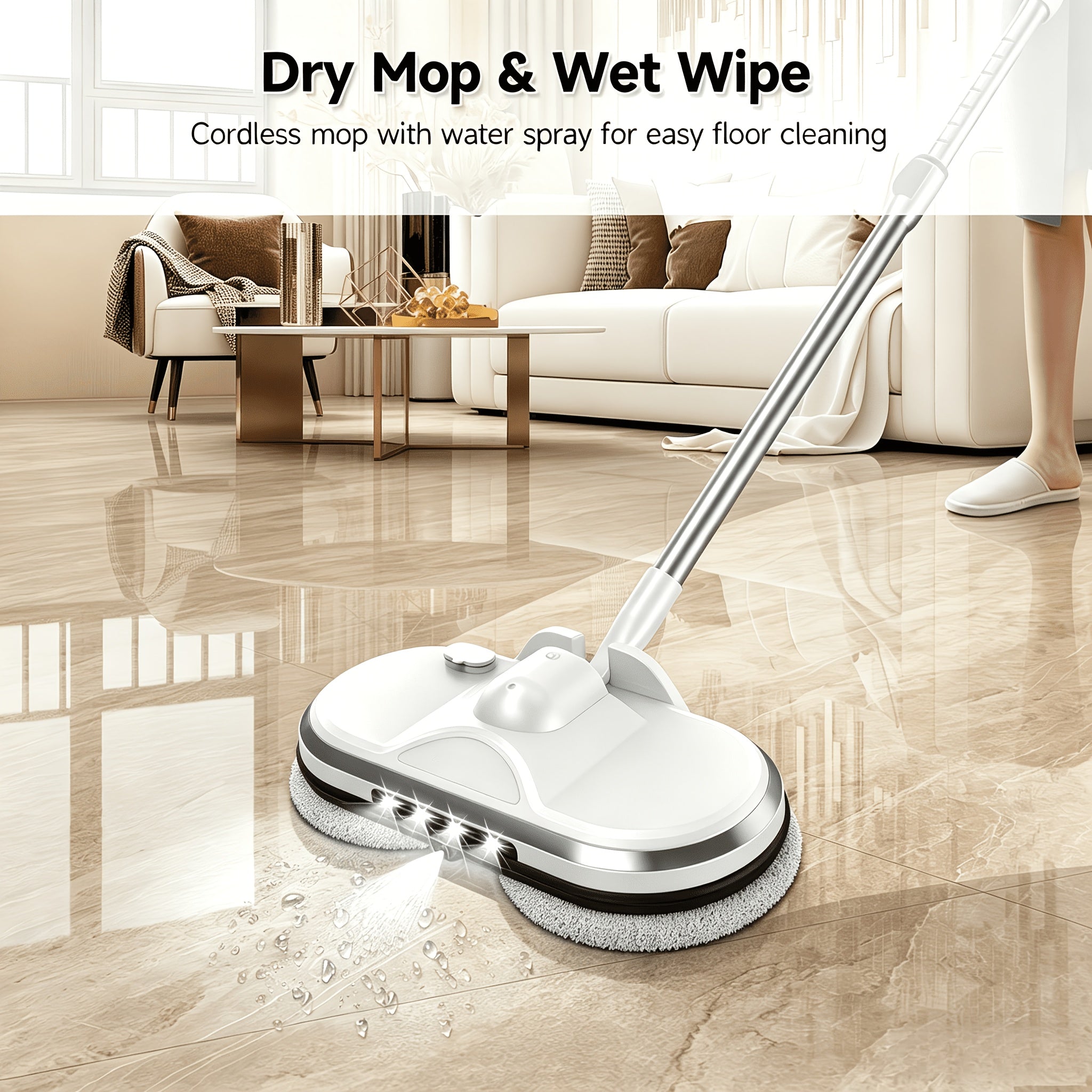 Cordless Electric Mop, Electric Spin Mop, Rotating Electric Mop With LED Front Light, 37.4in-48.4in Telescopic, 6.2oz Water Tank, 60-minute Battery Life, Powerful Rotating Mop, Automatic Spray Function, Home Cleaning Assistant, For Hardwood Floors