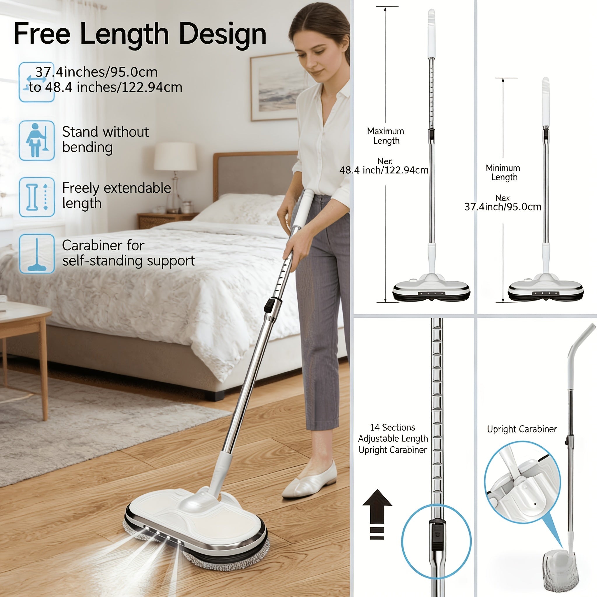 Cordless Electric Mop, Electric Spin Mop, Rotating Electric Mop With LED Front Light, 37.4in-48.4in Telescopic, 6.2oz Water Tank, 60-minute Battery Life, Powerful Rotating Mop, Automatic Spray Function, Home Cleaning Assistant, For Hardwood Floors