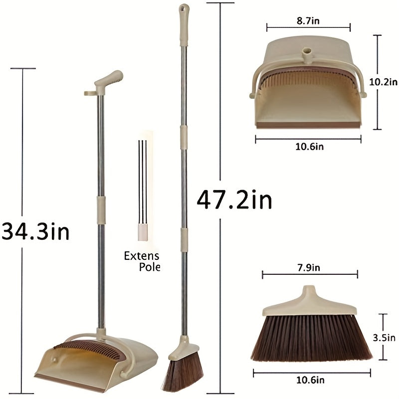 Sturdy Broom And Dustpan Combination Featuring a 48-Inch Handle And an Upright Broom Design - 10-Inch Sweeping Width, Three-Layer Bristles, And a Locking Dustpan - Suitable for Both Commercial And Residential Use (Made of Plastic And ) in Beige Colo